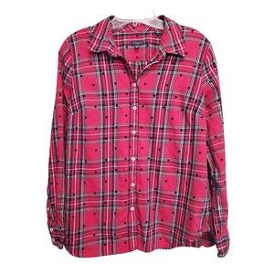 Talbots Cotton Blend Red Plaid Flocked Long Sleeve Button-Up Shirt Size Medium